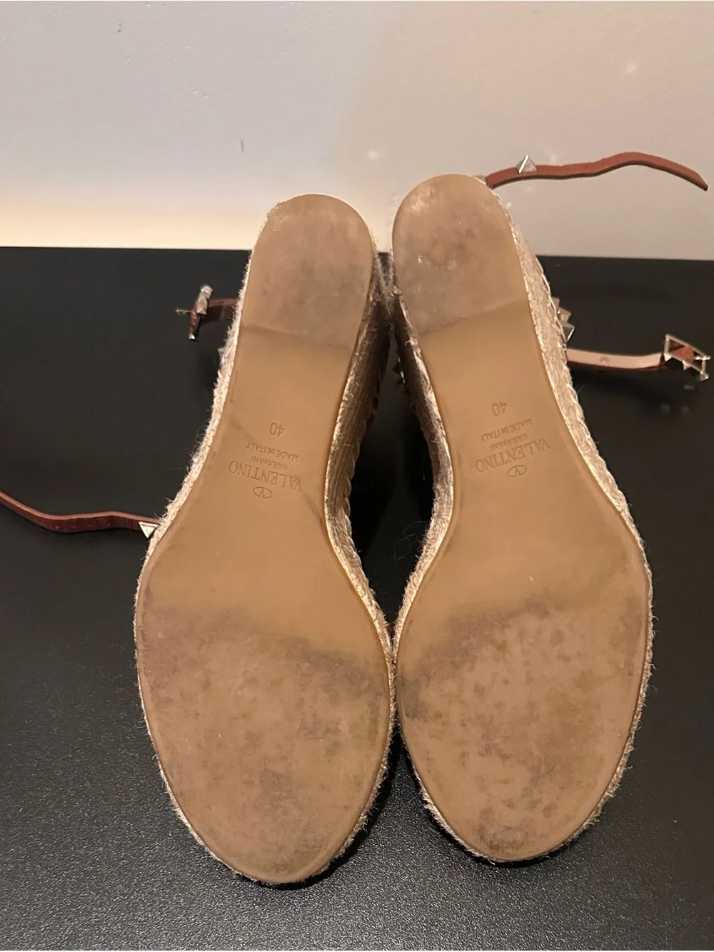 Valentino Tan Leather Studded Ankle-Strap Espadrille Wedges